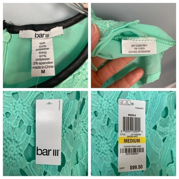 BAR III Manila Sheath Dress Garden Mint Lace Overlay Vegan Leather Trim Size M - Picture 8 of 11